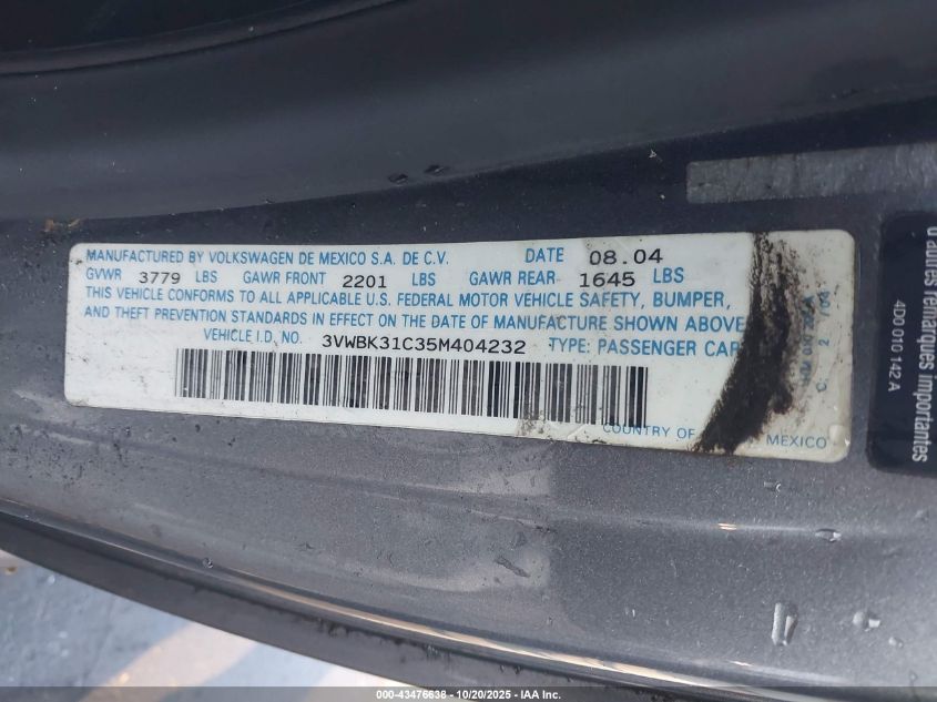 2005 Volkswagen New Beetle Gl VIN: 3VWBK31C35M404232 Lot: 43476638