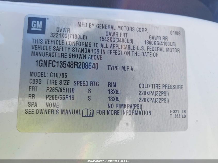 2008 Chevrolet Tahoe Hybrid VIN: 1GNFC13548R208640 Lot: 43476657