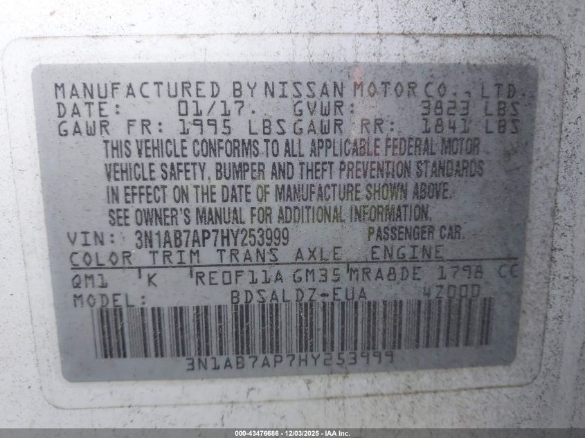 2017 Nissan Sentra Sv VIN: 3N1AB7AP7HY253999 Lot: 43476686