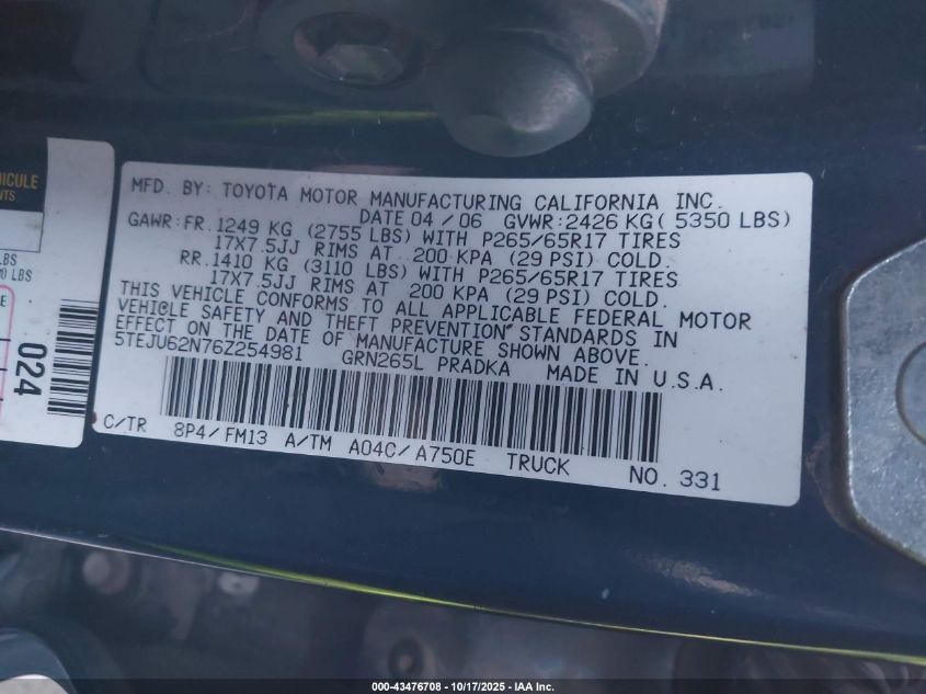 2006 Toyota Tacoma Prerunner V6 VIN: 5TEJU62N76Z254981 Lot: 43476708
