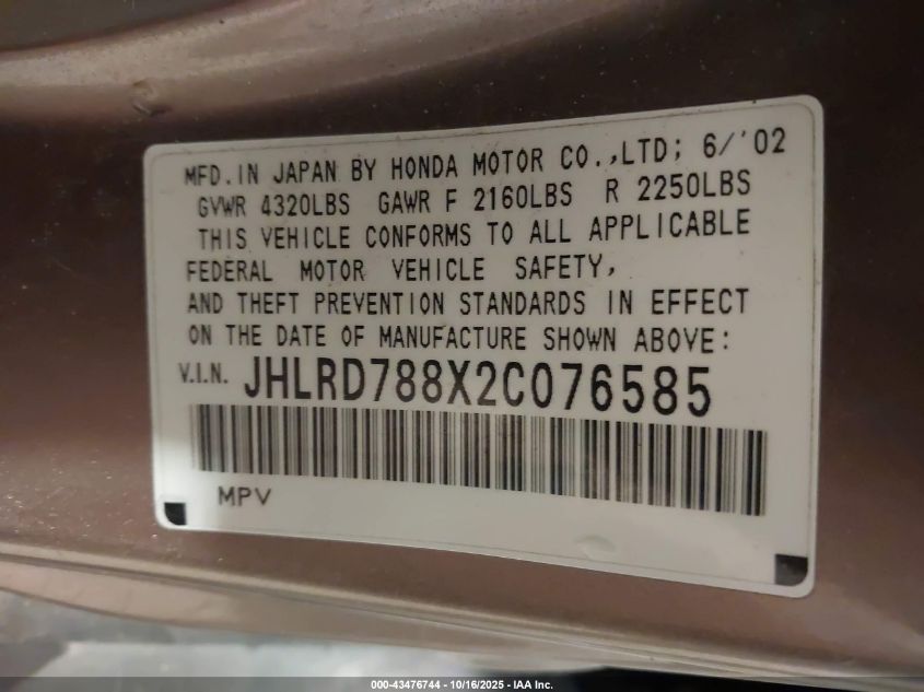 2002 Honda Cr-V Ex VIN: JHLRD788X2C076585 Lot: 43476744