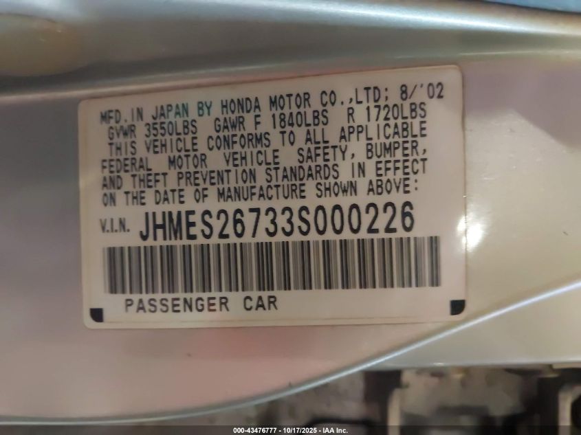 2003 Honda Civic Ex VIN: JHMES26733S000226 Lot: 43476777