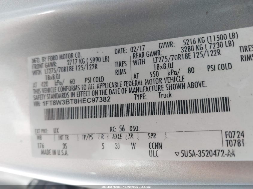 2017 Ford F-350 Xlt VIN: 1FT8W3BT8HEC97382 Lot: 43476783
