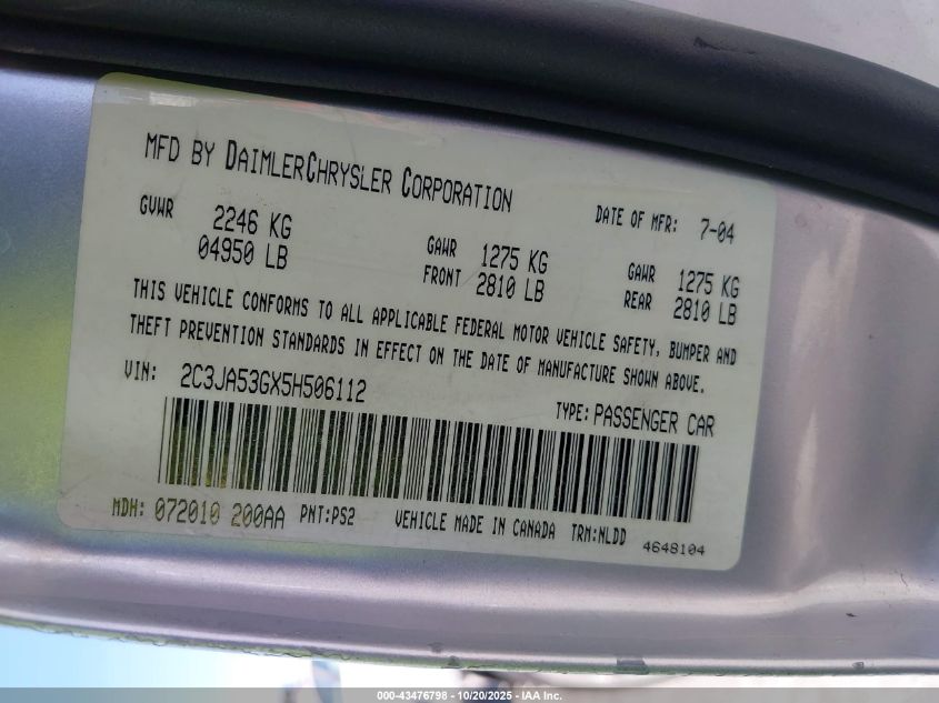 2005 Chrysler 300 Touring VIN: 2C3JA53GX5H506112 Lot: 43476798