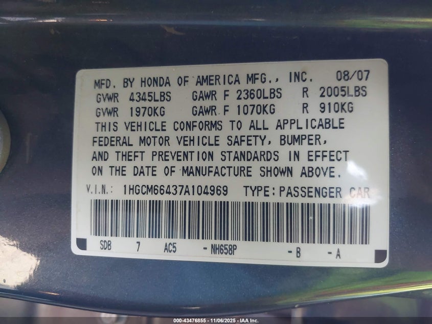 1HGCM66437A104969 2007 HONDA ACCORD photo no. 9