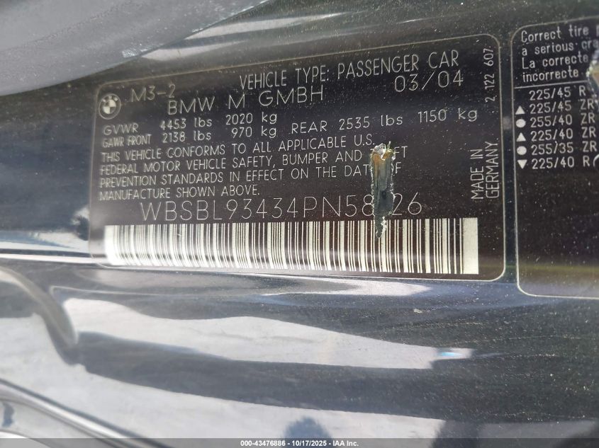 2004 BMW M3 VIN: WBSBL93434PN58126 Lot: 43476886