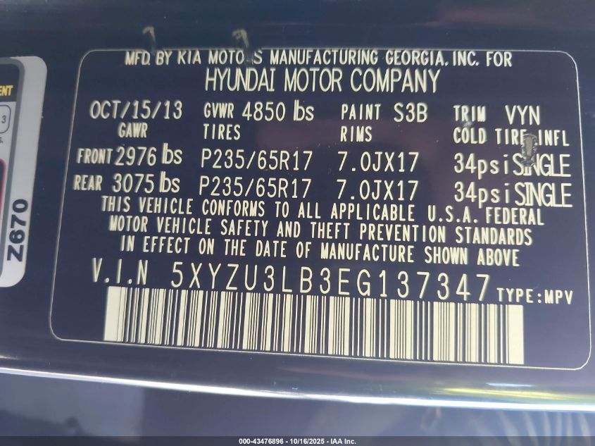 2014 Hyundai Santa Fe Sport 2.4L VIN: 5XYZU3LB3EG137347 Lot: 43476896