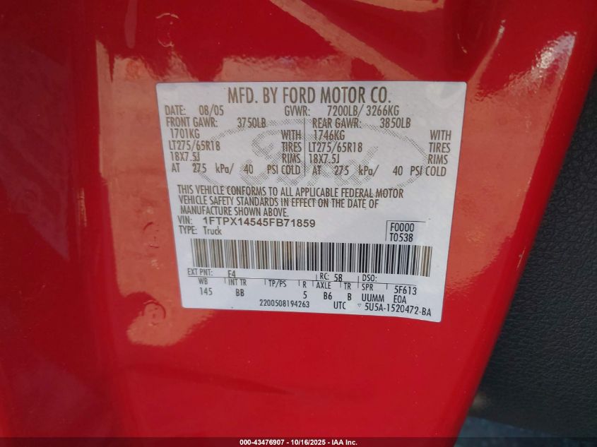 2005 Ford F150 VIN: 1FTPX14545FB71859 Lot: 43476907