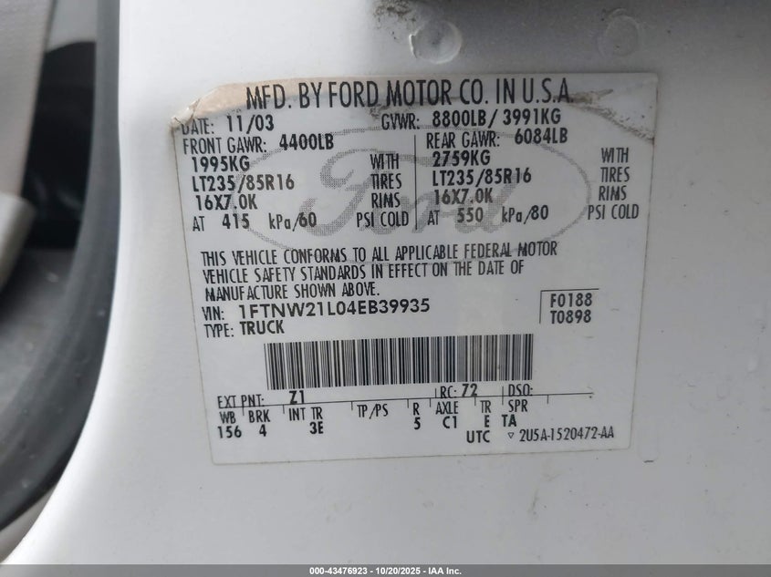 1FTNW21L04EB39935 2004 FORD F250 photo no. 9
