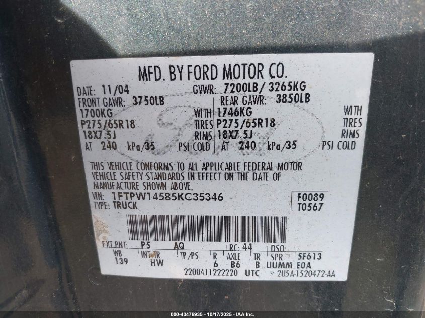 2005 Ford F-150 Fx4/Lariat/Xlt VIN: 1FTPW14585KC35346 Lot: 43476935