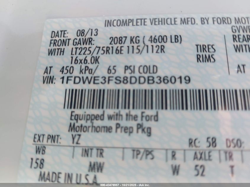 2013 Ford E-350 Cutaway VIN: 1FDWE3FS8DDB36019 Lot: 43476957