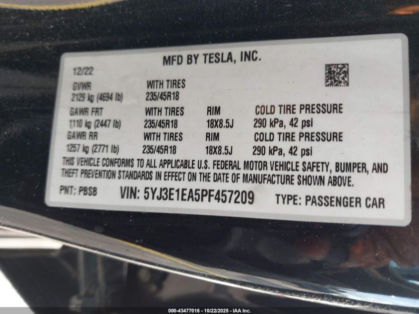 2023 Tesla Model 3 Rear-Wheel Drive VIN: 5YJ3E1EA5PF457209 Lot: 43477016