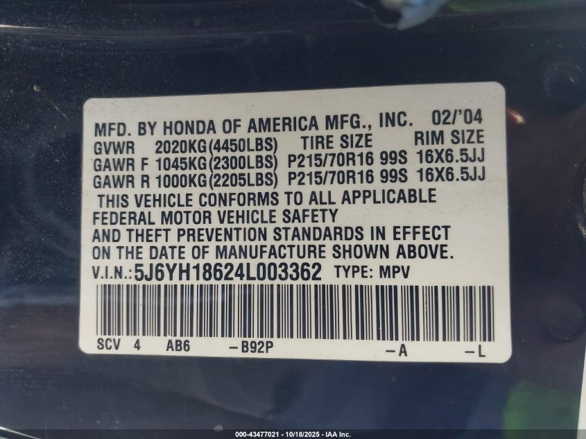 2004 Honda Element Ex VIN: 5J6YH18624L003362 Lot: 43477021