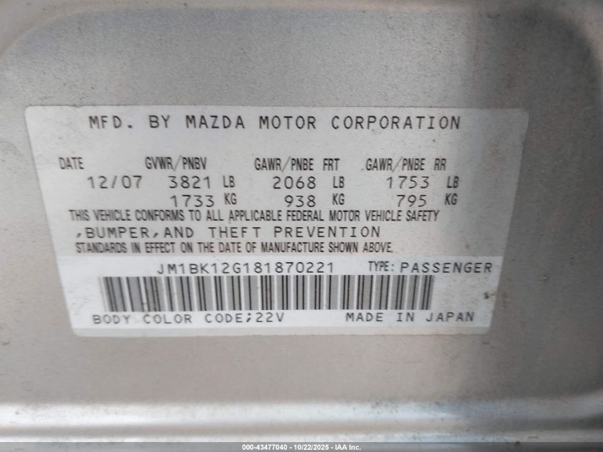 2008 Mazda Mazda3 I Sport VIN: JM1BK12G181870221 Lot: 43477040