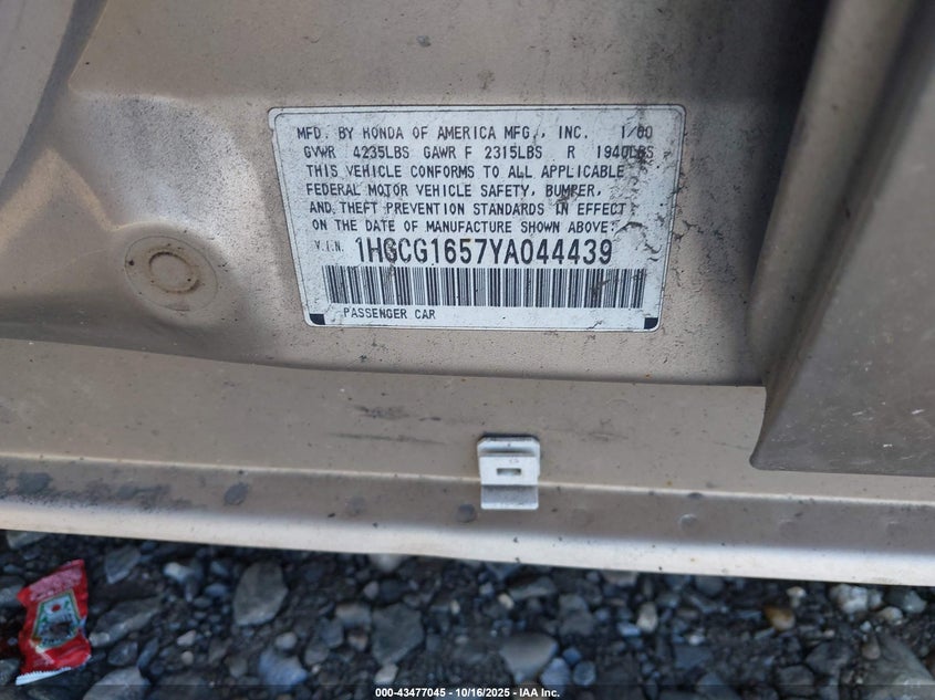1HGCG1657YA044439 2000 HONDA ACCORD photo no. 9