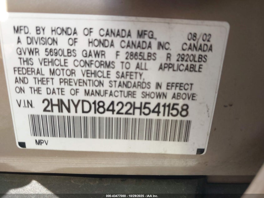 2HNYD18422H541158 2002 ACURA MDX photo no. 9