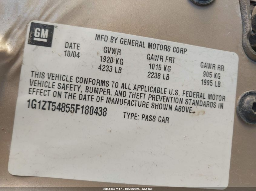 2005 Chevrolet Malibu Ls VIN: 1G1ZT54855F180438 Lot: 43477117