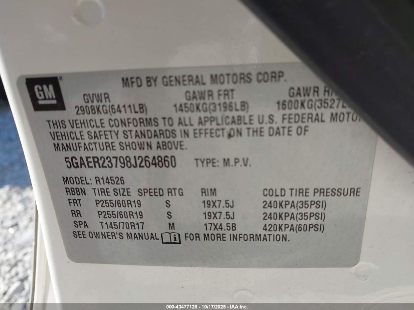 2008 Buick Enclave Cxl VIN: 5GAER23798J264860 Lot: 43477128