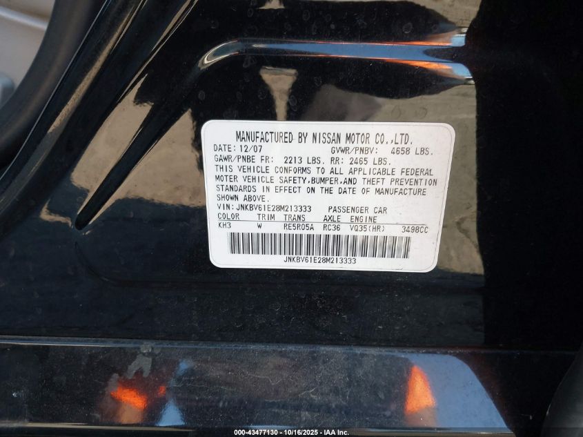 2008 Infiniti G35 Journey VIN: JNKBV61E28M213333 Lot: 43477130