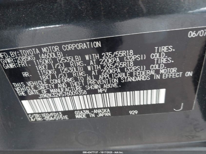 2007 Toyota Rav4 Sport V6 VIN: JTMZK32V576009358 Lot: 43477137