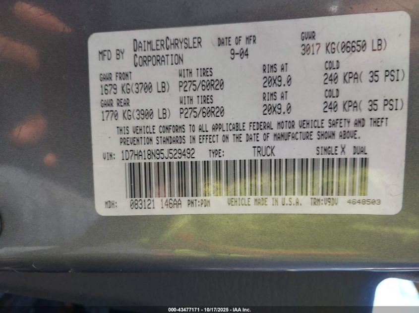 2005 Dodge Ram 1500 Slt/Laramie VIN: 1D7HA18N95J529492 Lot: 43477171