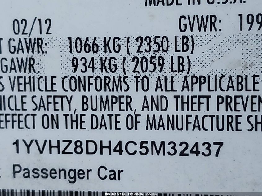 2012 Mazda Mazda6 VIN: 1YVHZ8DH4C5M32437 Lot: 43477194