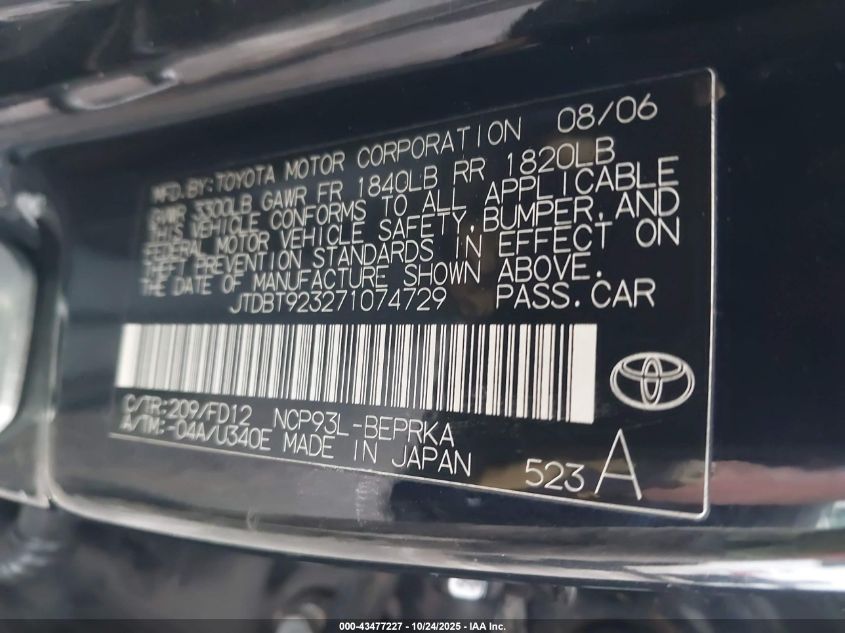 2007 Toyota Yaris VIN: JTDBT923271074729 Lot: 43477227