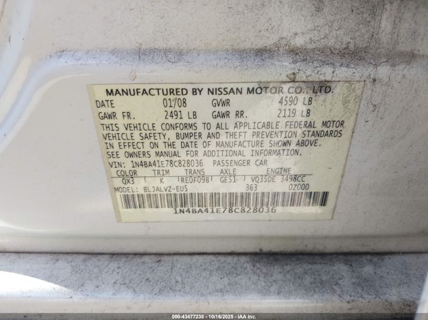 2008 Nissan Maxima 3.5 Se VIN: 1N4BA41E78C828036 Lot: 43477238