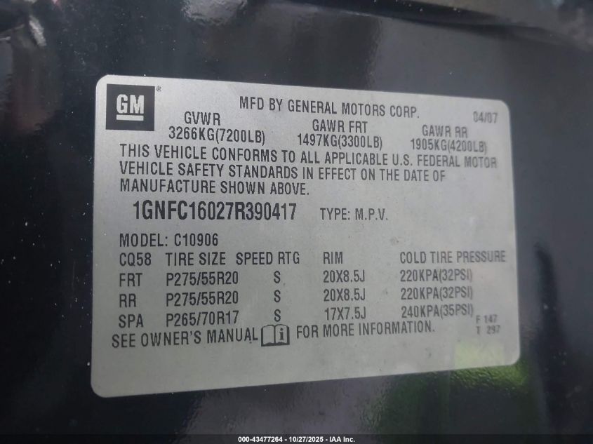 2007 Chevrolet Suburban 1500 Ltz VIN: 1GNFC16027R390417 Lot: 43477264