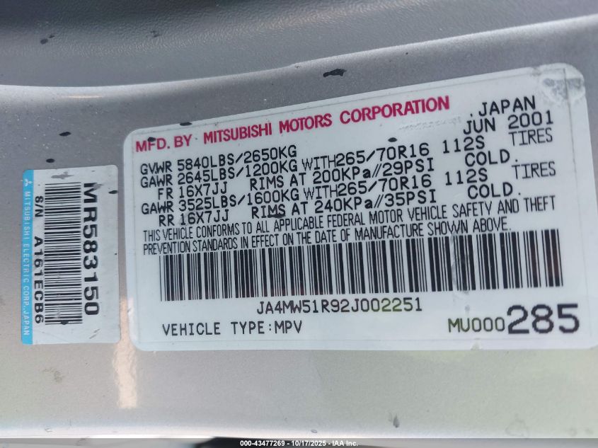 2002 Mitsubishi Montero Limited VIN: JA4MW51R92J002251 Lot: 43477269