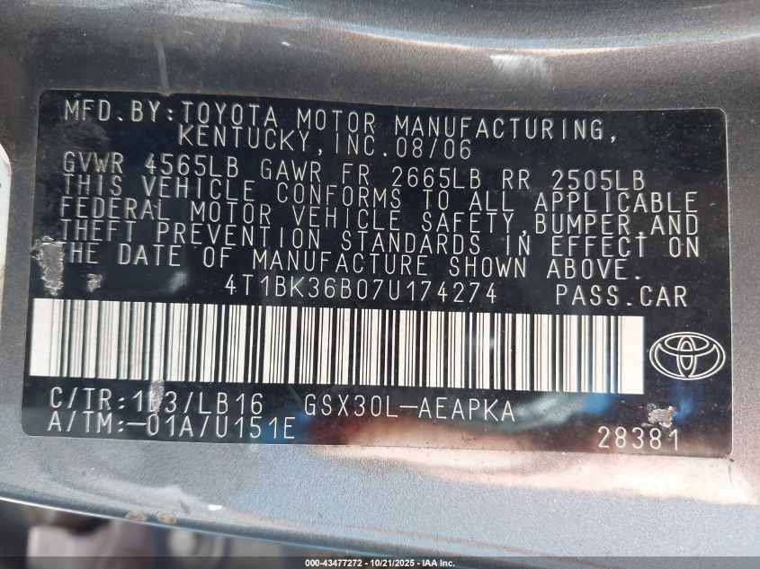 2007 Toyota Avalon Limited VIN: 4T1BK36B07U174274 Lot: 43477272