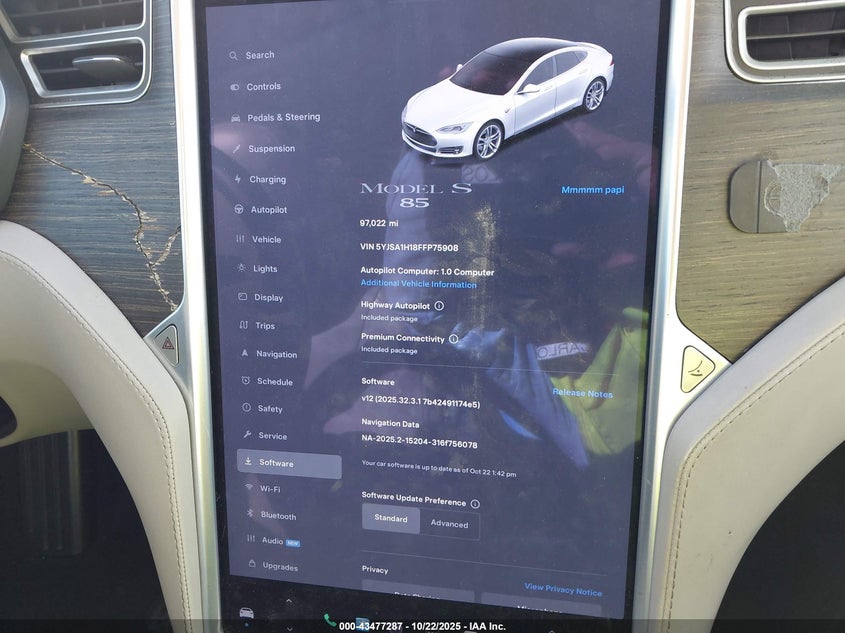 2015 Tesla Model S 60/70/85 VIN: 5YJSA1H18FFP75908 Lot: 43477287