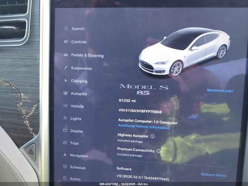 2015 Tesla Model S 60/70/85 VIN: 5YJSA1H18FFP75908 Lot: 43477287
