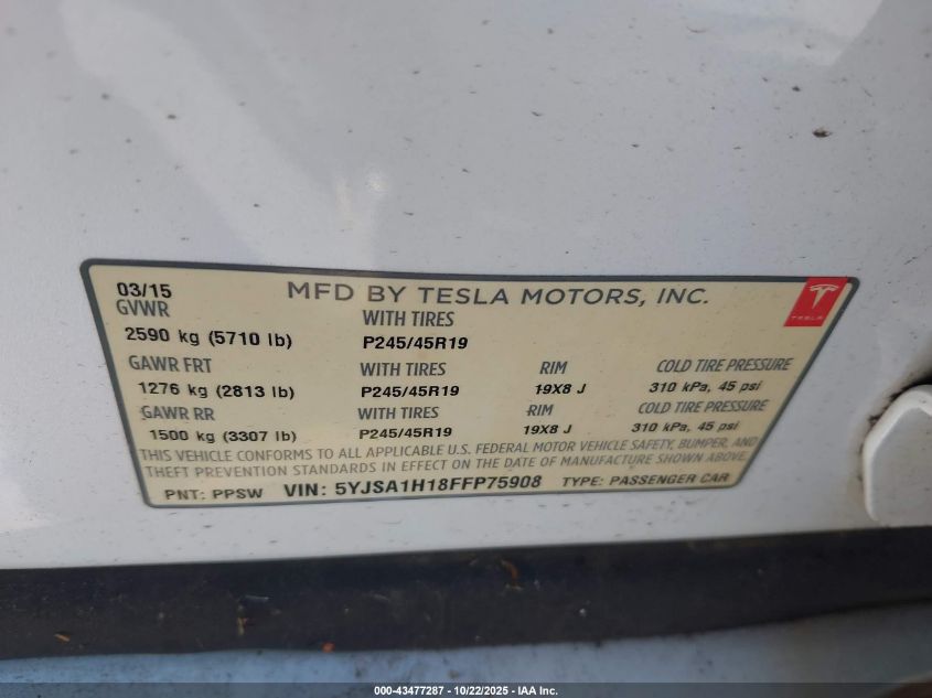 2015 Tesla Model S 60/70/85 VIN: 5YJSA1H18FFP75908 Lot: 43477287