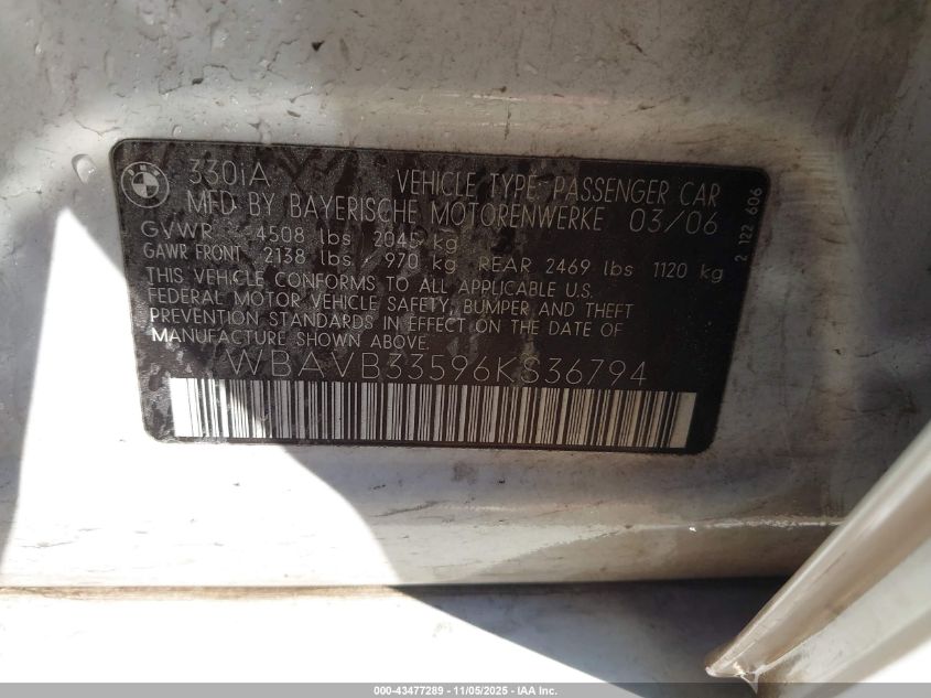 2006 BMW 330I VIN: WBAVB33596KS36794 Lot: 43477289