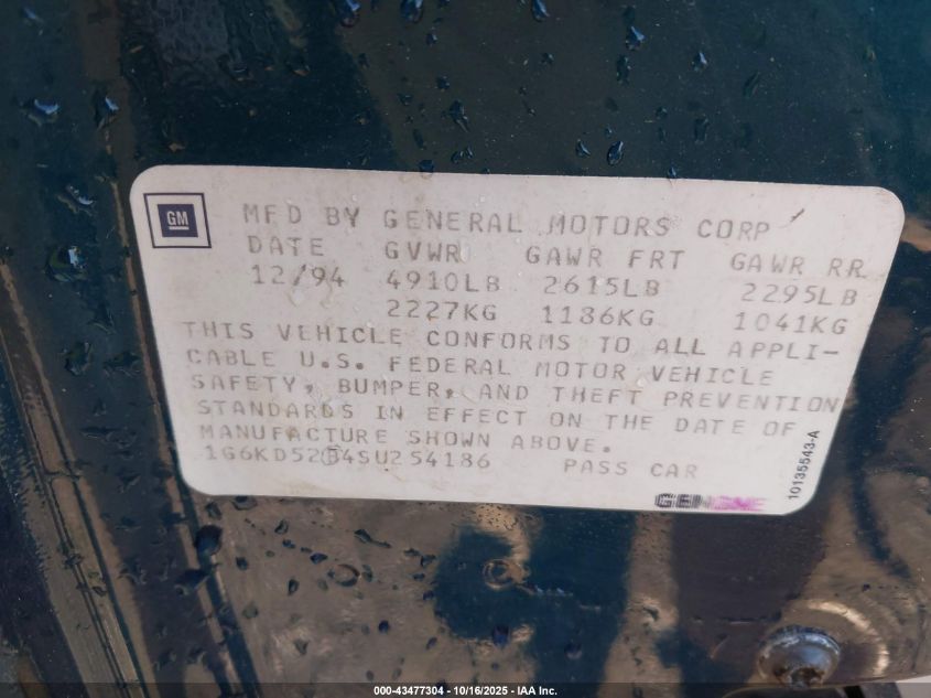 1995 Cadillac Deville VIN: 1G6KD52B4SU254186 Lot: 43477304