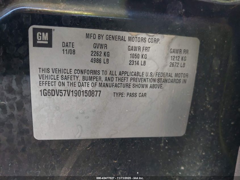 2009 Cadillac Cts Standard VIN: 1G6DV57V190150877 Lot: 43477327