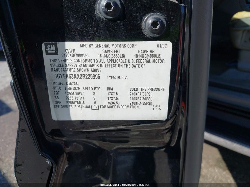 2002 Cadillac Escalade Standard VIN: 1GYEK63NX2R225996 Lot: 43477351