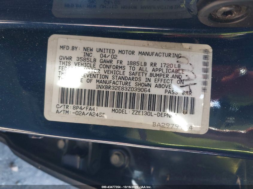 2003 Toyota Corolla Le VIN: 1NXBR32E83Z039064 Lot: 43477354