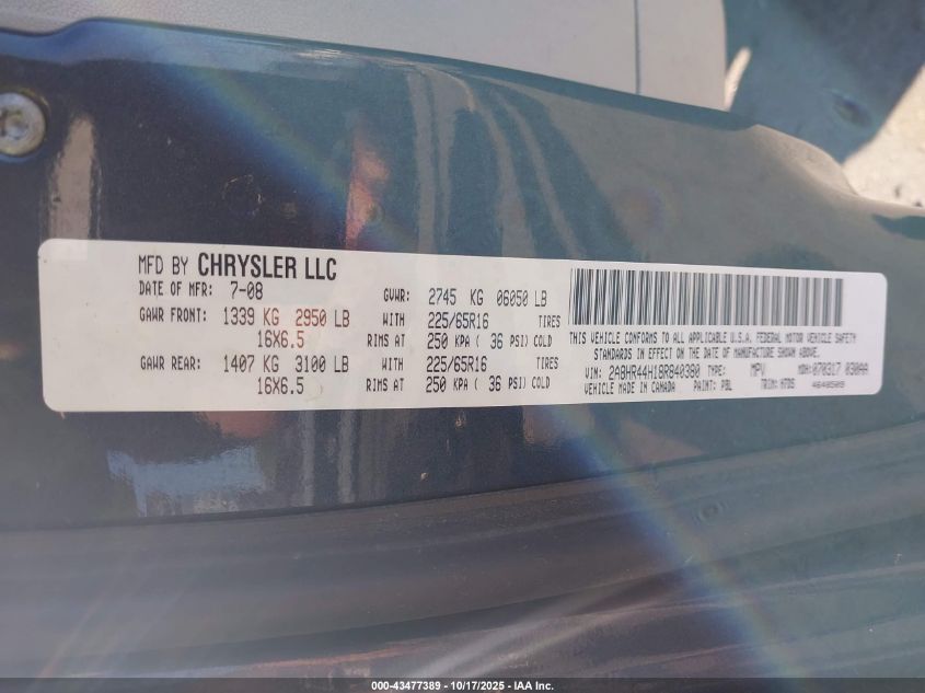 2008 Chrysler Town & Country Lx VIN: 2A8HR44H18R840380 Lot: 43477389