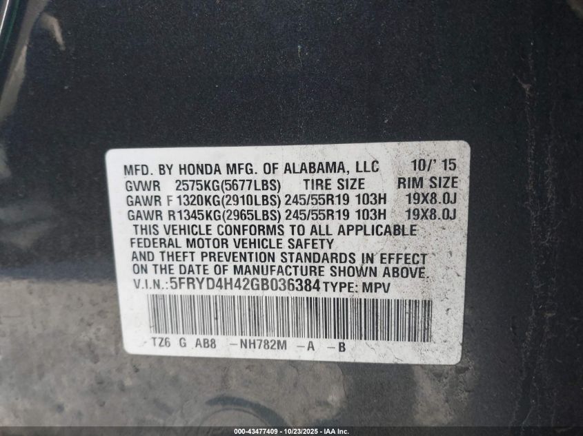2016 Acura Mdx Technology Acurawatch Plus Packages/Technology Package VIN: 5FRYD4H42GB036384 Lot: 43477409