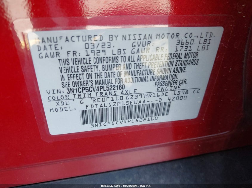 2023 NISSAN KICKS SV XTRONIC CVT 3N1CP5CV4PL522160