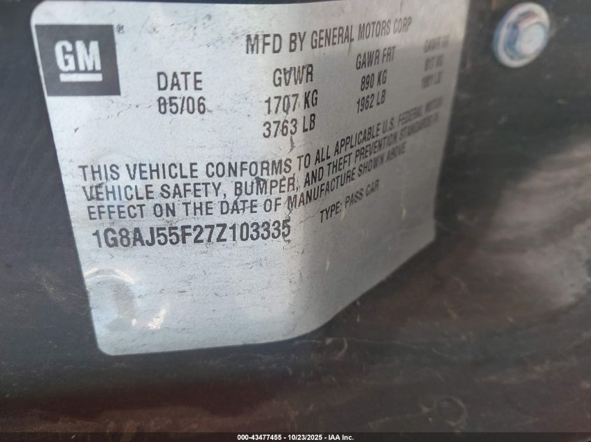 2007 Saturn Ion Ion 2 VIN: 1G8AJ55F27Z103335 Lot: 43477455