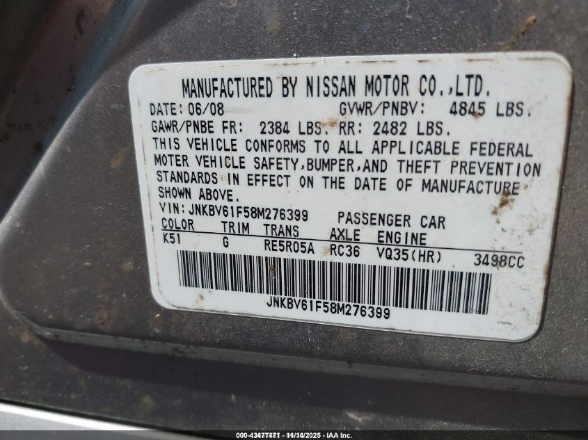 2008 Infiniti G35X VIN: JNKBV61F58M276399 Lot: 43477471