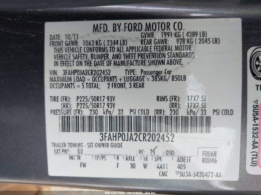 2012 Ford Fusion Sel VIN: 3FAHP0JA2CR202452 Lot: 43477585