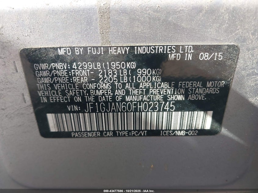 2015 SUBARU IMPREZA 2.0I LIMITED JF1GJAN60FH023745