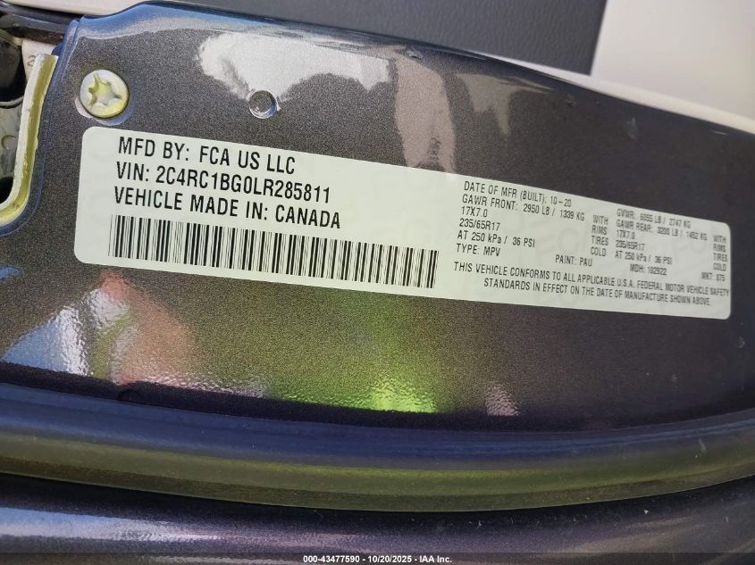 2020 Chrysler Pacifica Touring L VIN: 2C4RC1BG0LR285811 Lot: 43477590