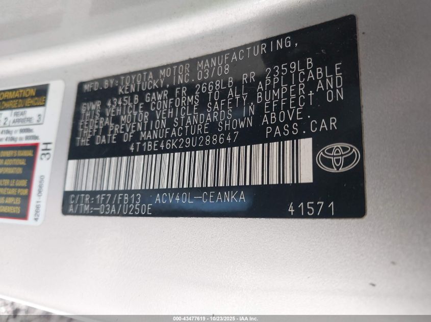 2009 Toyota Camry Le VIN: 4T1BE46K29U288647 Lot: 43477619