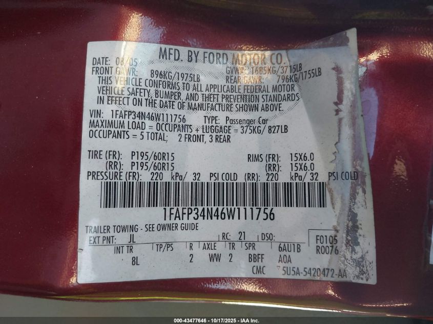 2006 Ford Focus Zx4 VIN: 1FAFP34N46W111756 Lot: 43477646