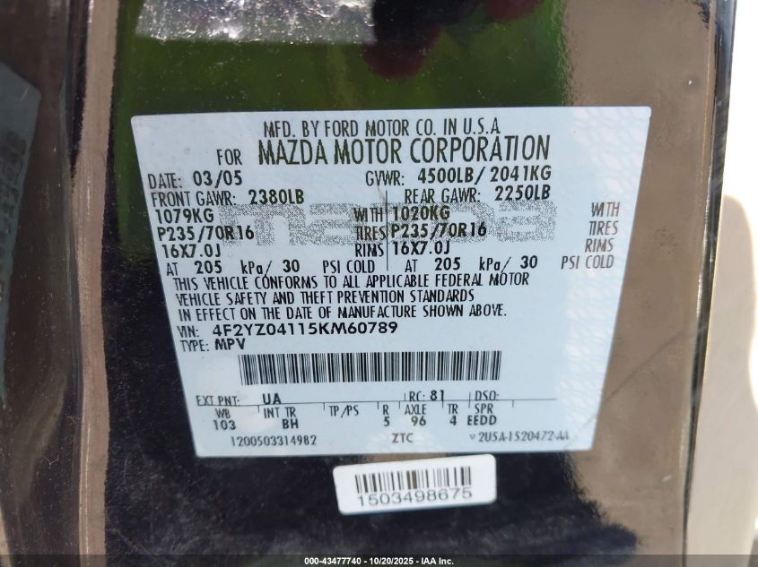2005 Mazda Tribute S VIN: 4F2YZ04115KM60789 Lot: 43477740